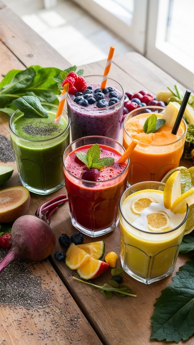 Vários sucos detox e naturais coloridos